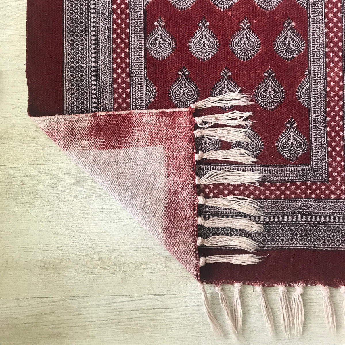 Paisley Jaal Hand-block Print Rug - Red White