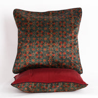Geometric Flowers Hand Block Print Mashru Silk Cushion Cover - Red Black