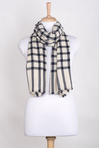 Windowpane Checks Merino Wool Scarf - Off-white Navy