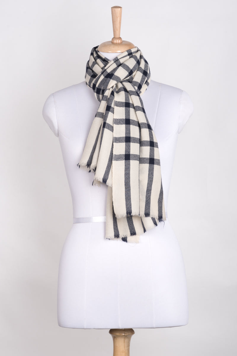 Windowpane Checks Merino Wool Scarf - Off-white Navy