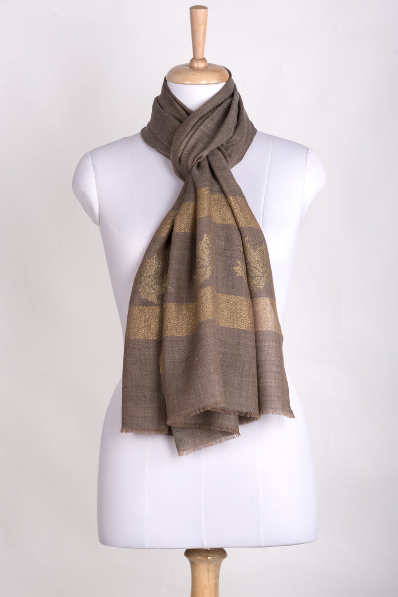 Gold Maple Leaf Border Cashmere Wool Scarf -  Beige