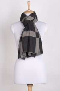 Windowpane Big Checks Jacquard Merino Wool Scarf - Grey