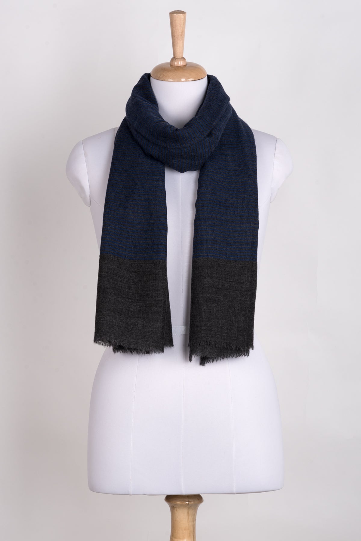 Pinstripes with Border Merino Wool Scarf - Blue Grey